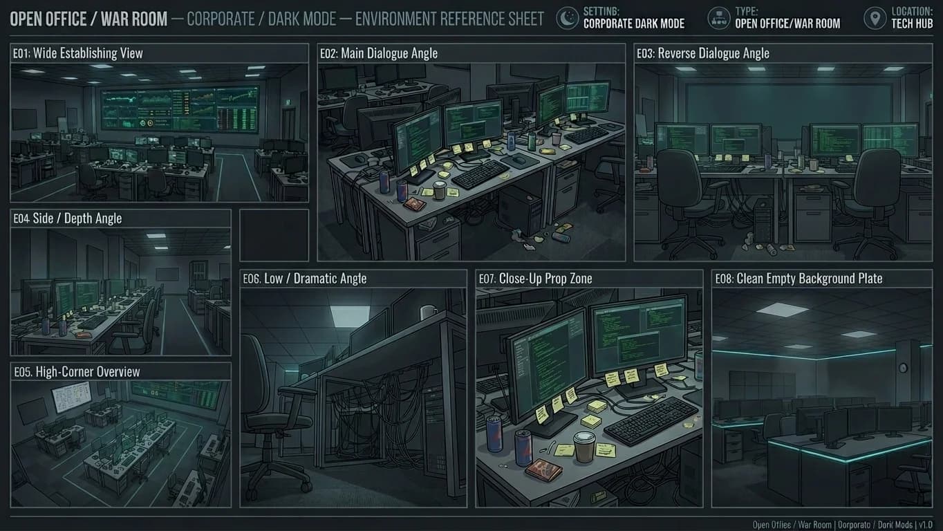 Open Office and War Room in Corporate - Dark Mode style.