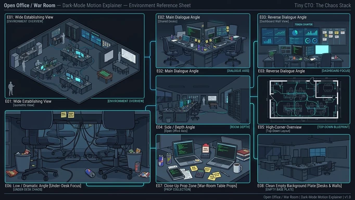 Open Office and War Room in Dark-Mode Motion Explainer style.