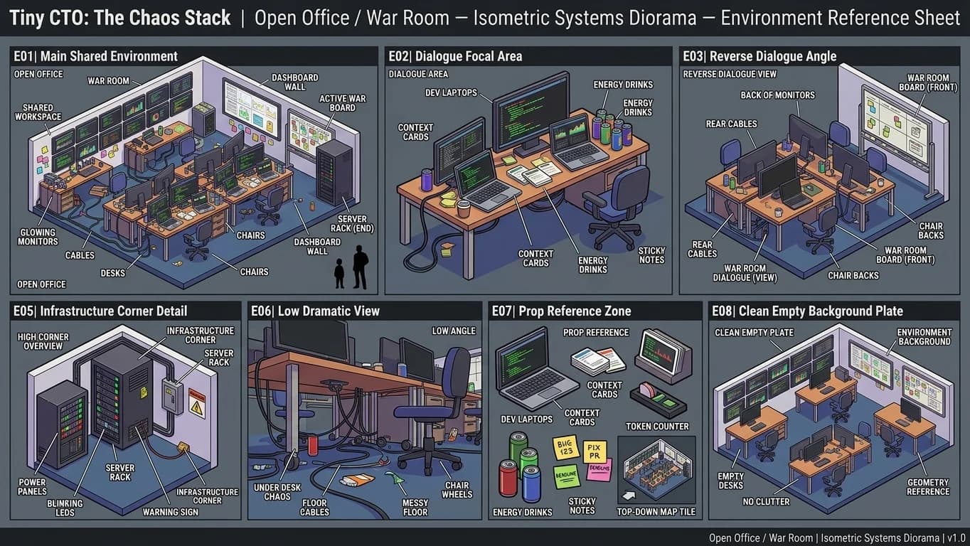 Open Office and War Room in Isometric Systems Diorama style.