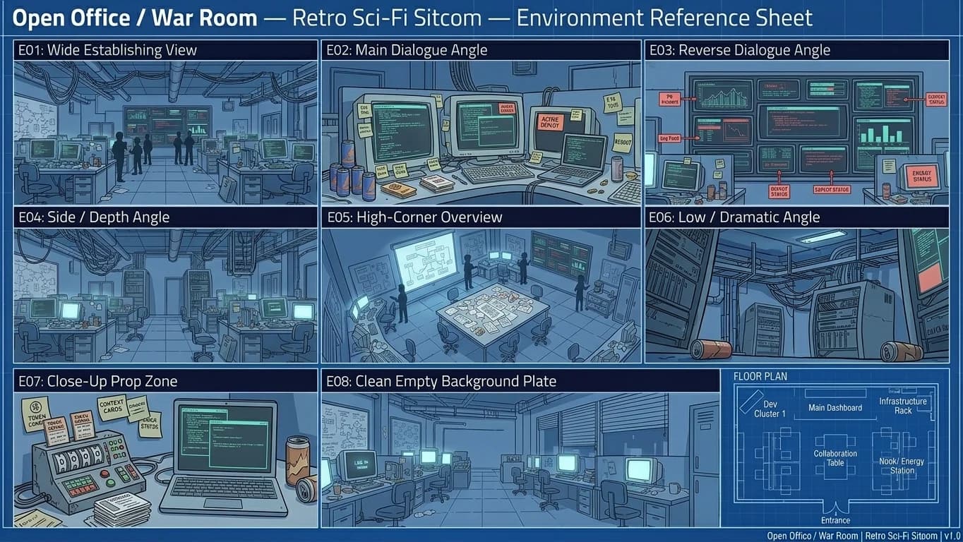 Open Office and War Room in Retro Sci-Fi Sitcom style.