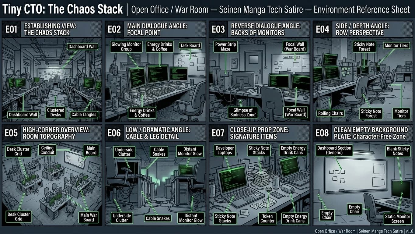 Open Office and War Room in Seinen Manga Tech Satire style.