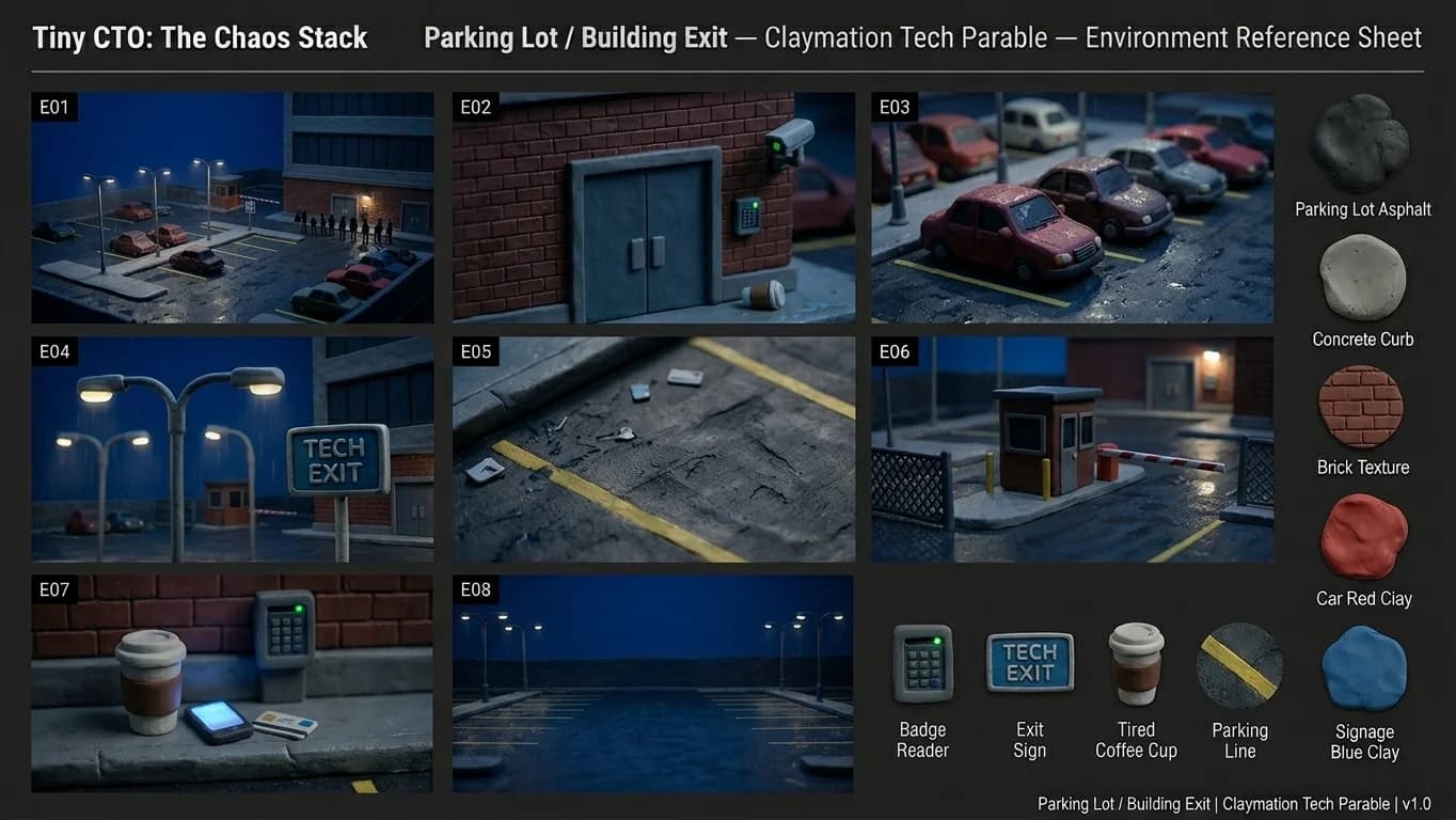 Parking Lot and Building Exit in Claymation Tech Parable style.