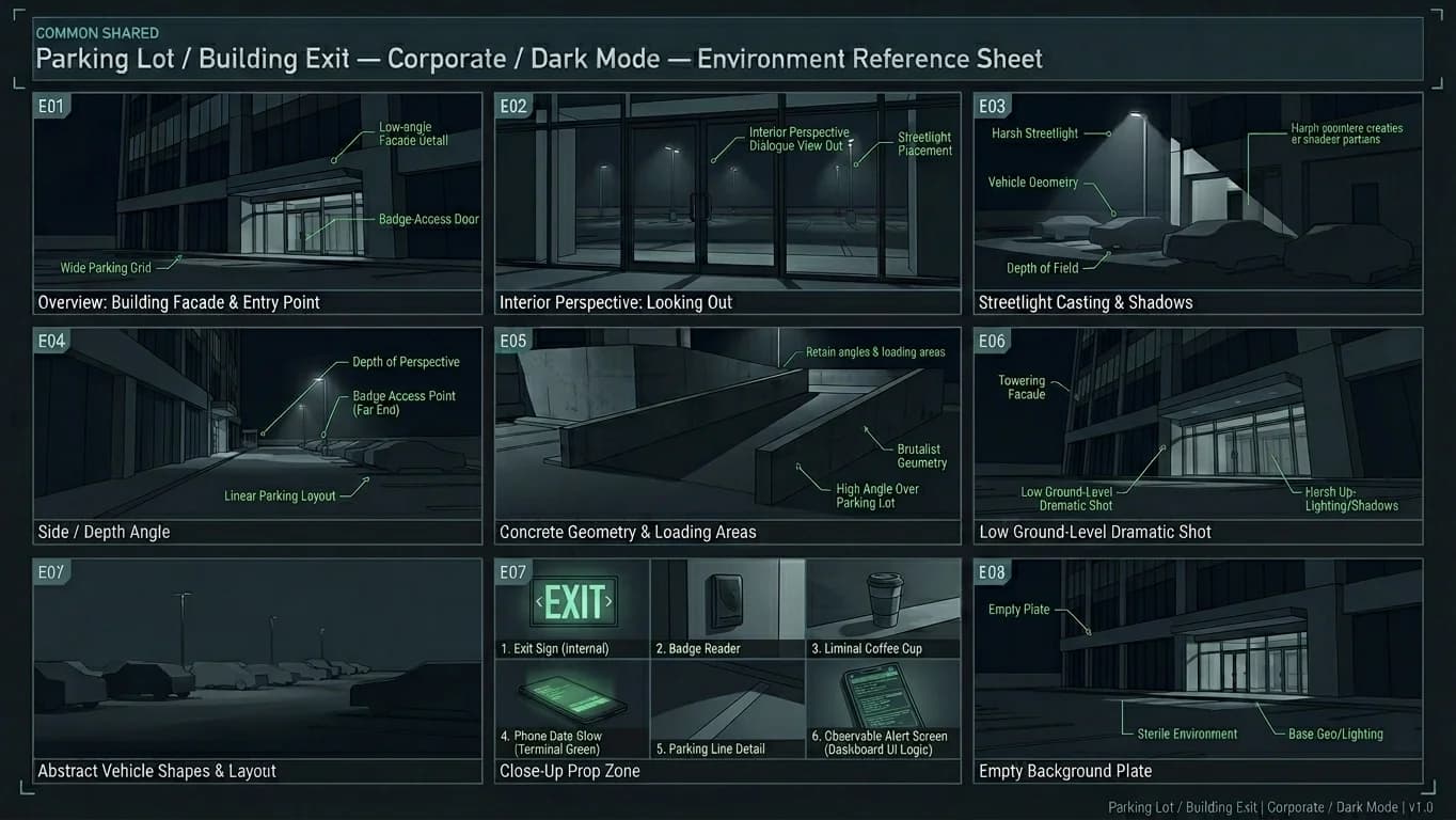 Parking Lot and Building Exit in Corporate - Dark Mode style.