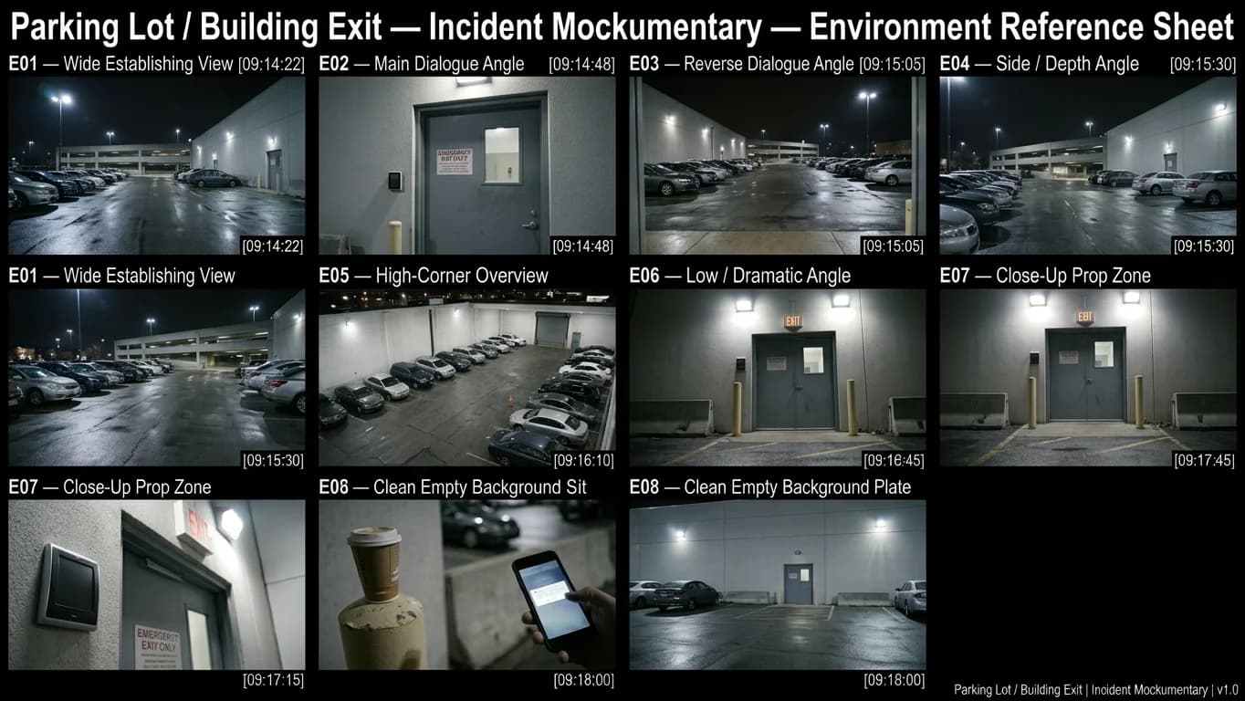 Parking Lot and Building Exit in Incident Mockumentary style.