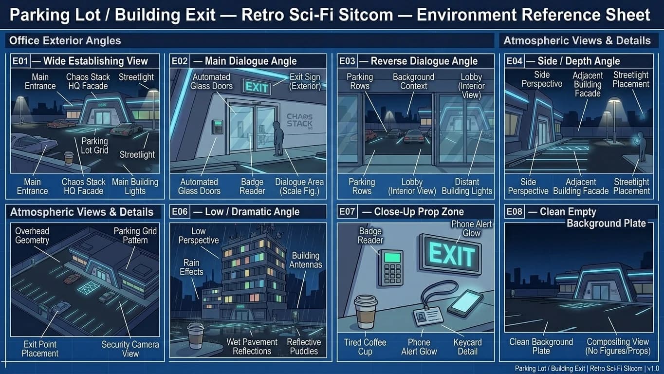 Parking Lot and Building Exit in Retro Sci-Fi Sitcom style.