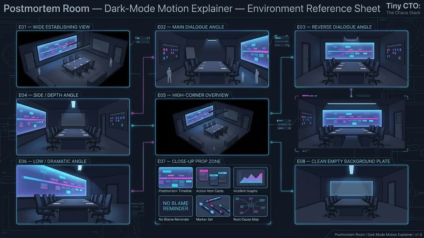 Postmortem Room in Dark-Mode Motion Explainer style.