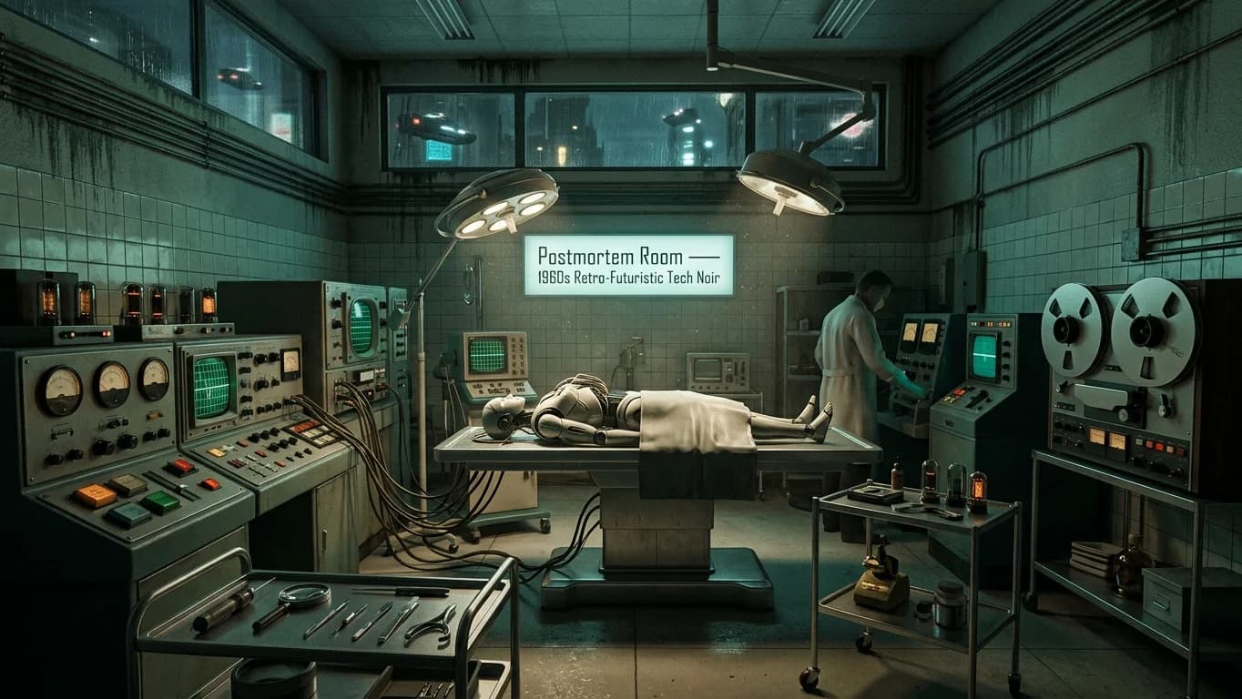 Postmortem Room in Retro Sci-Fi Sitcom style.