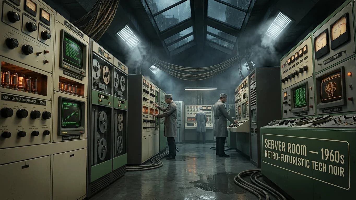 Server Room in 1960s Retro-Futuristic Tech Noir style.