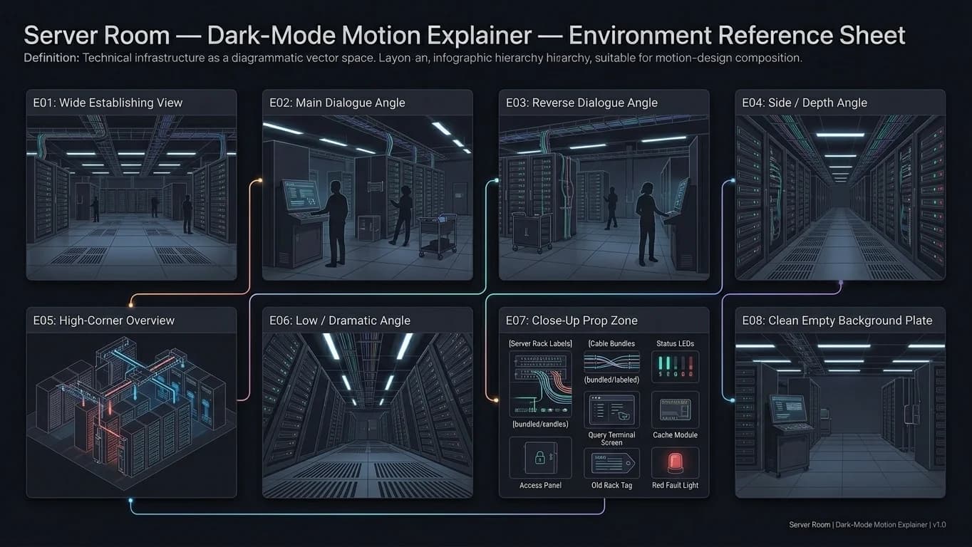 Server Room in Dark-Mode Motion Explainer style.