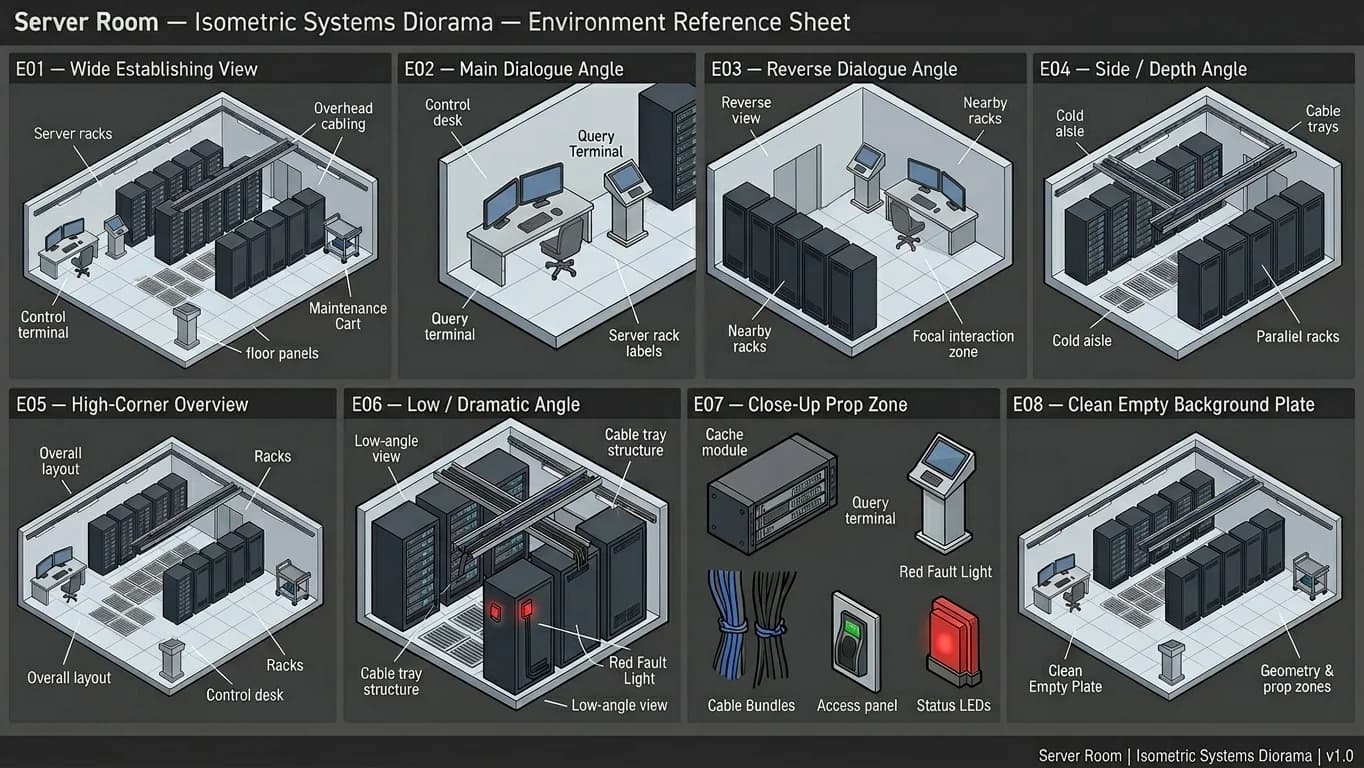 Server Room in Isometric Systems Diorama style.