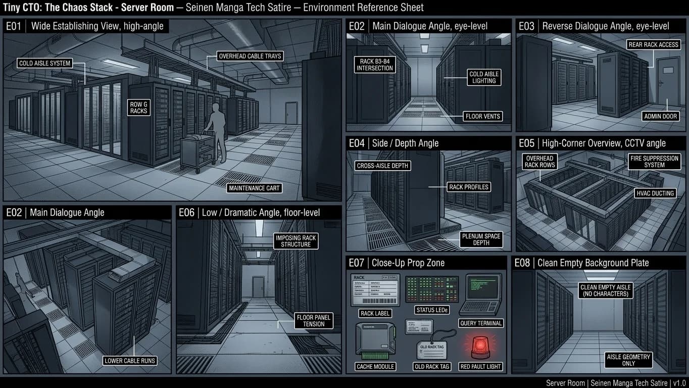 Server Room in Seinen Manga Tech Satire style.
