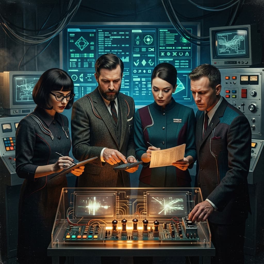 Data Team in 1960s Retro-Futuristic Tech Noir style.