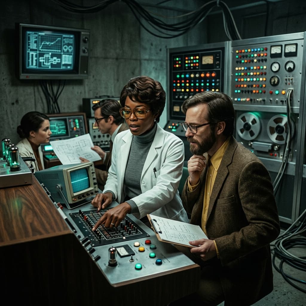 QA Team in 1960s Retro-Futuristic Tech Noir style.