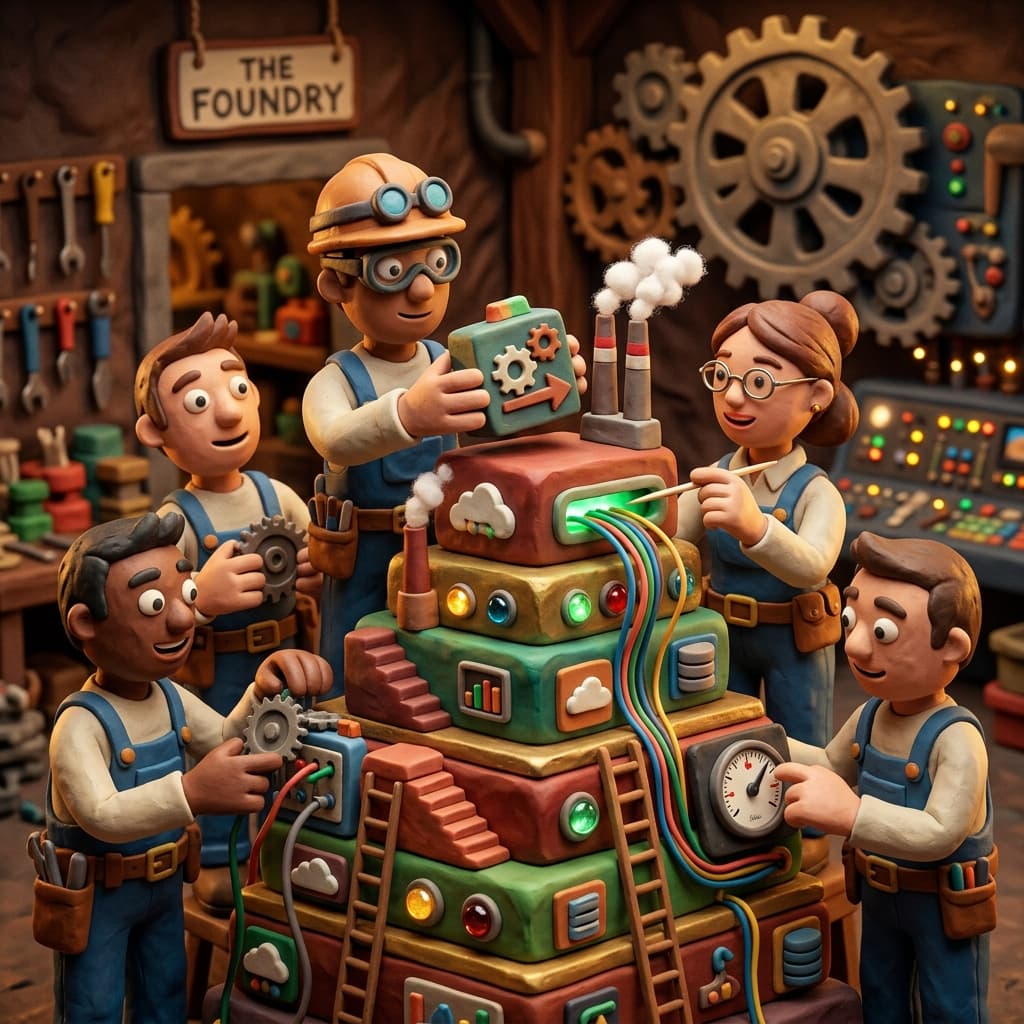 Platform/SRE Team in Claymation Tech Parable style.