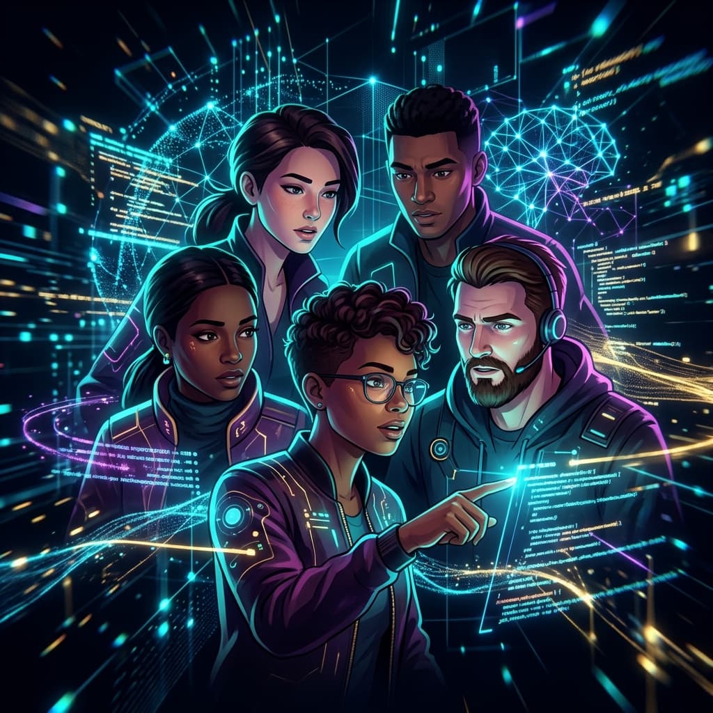 AI/ML Team in Dark-Mode Motion Explainer style.