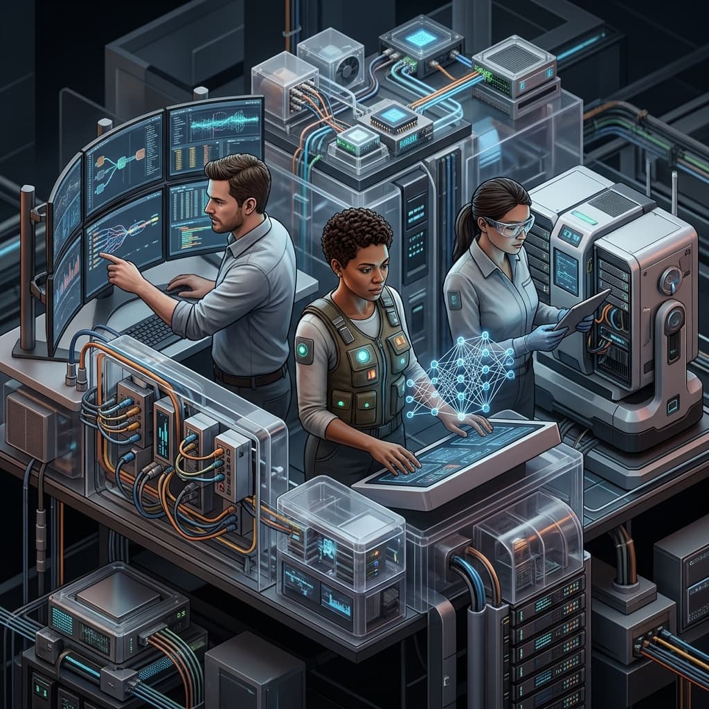 AI/ML Team in Isometric Systems Diorama style.