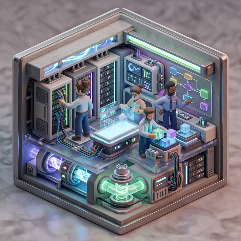 Data Team in Isometric Systems Diorama style.