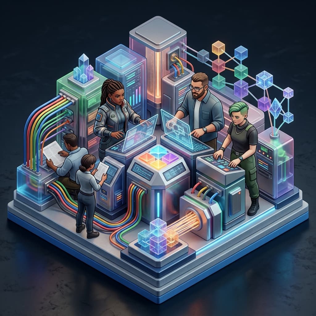 QA Team in Isometric Systems Diorama style.