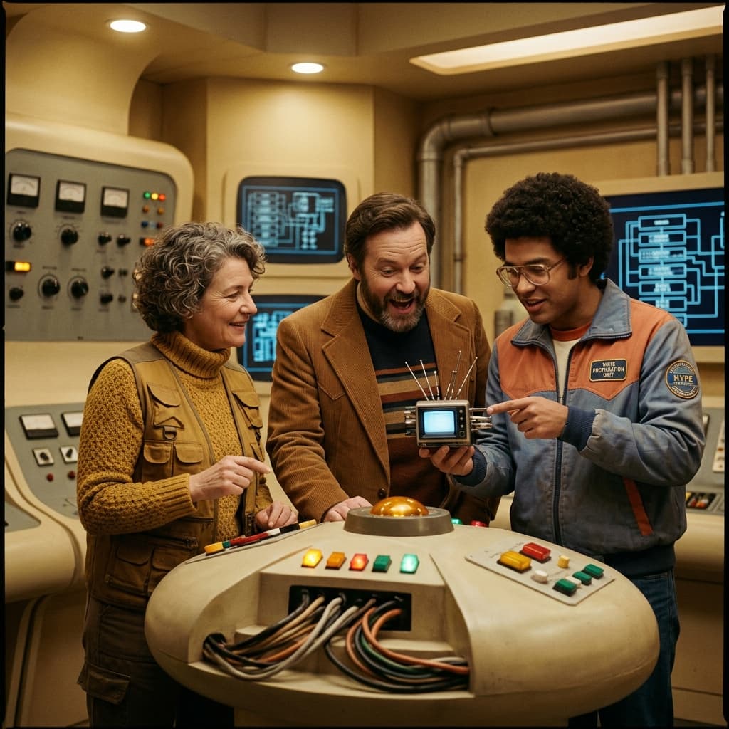 Mobile Engineering Team in Retro Sci-Fi Sitcom style.