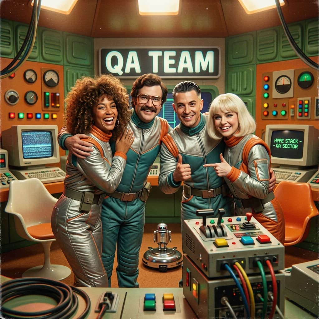 QA Team in Retro Sci-Fi Sitcom style.