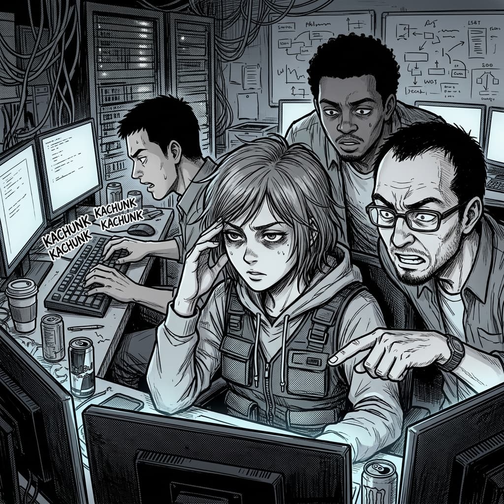 Platform/SRE Team in Seinen Manga Tech Satire style.