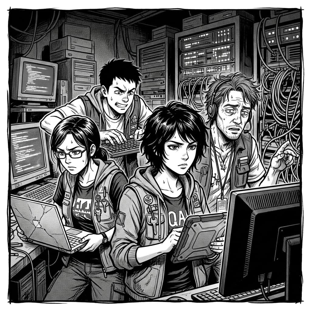 QA Team in Seinen Manga Tech Satire style.