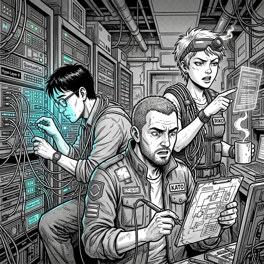 Security Team in Seinen Manga Tech Satire style.