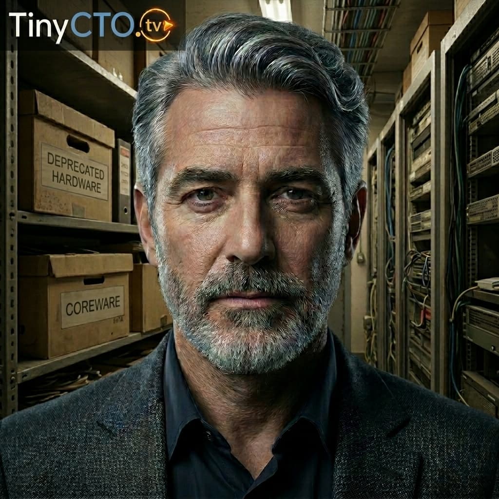 Elder — Source of Truth, Institutional technical memory, production-scarred systems authority, source of truth outside job-title hierarchy. — Tiny CTO: The Chaos Stack character in Photorealistic style.