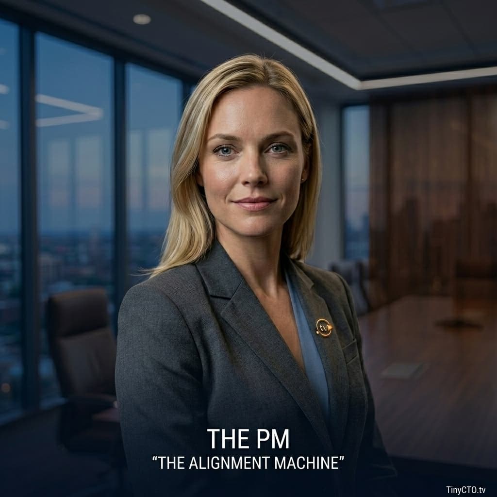 The PM — The Alignment Machine, Young adult blonde product manager representing prioritization, roadmap alignment, stakeholder translation, delivery pressure, and timeline negotiation. — Tiny CTO: The Chaos Stack character in Photorealistic style.