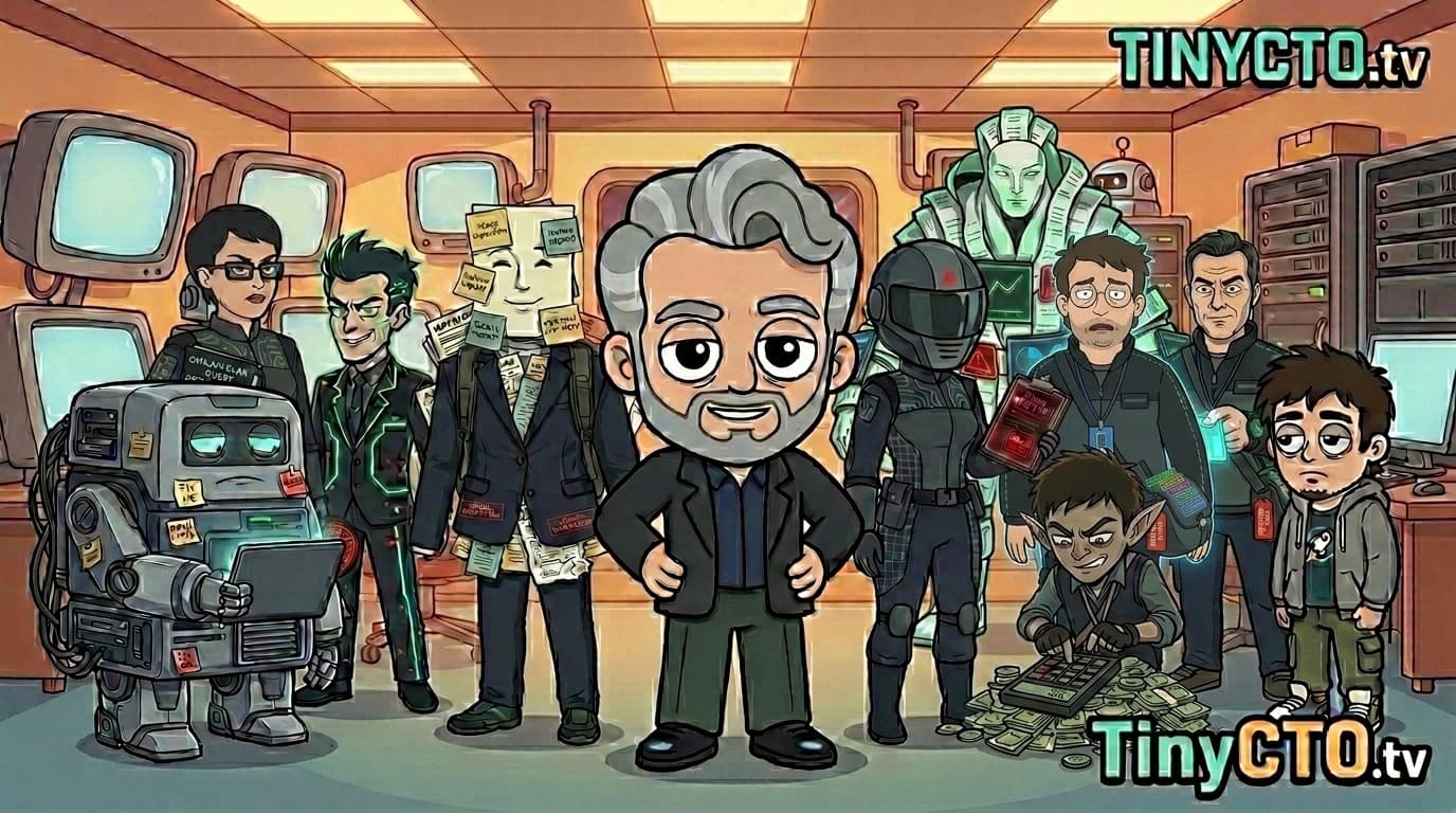 Retro Sci-Fi Sitcom visual style for Tiny CTO: The Chaos Stack.