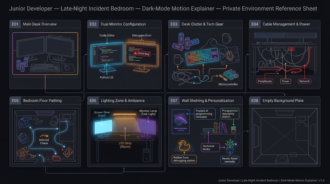 Junior Developer's Late-Night Incident Bedroom environment background.