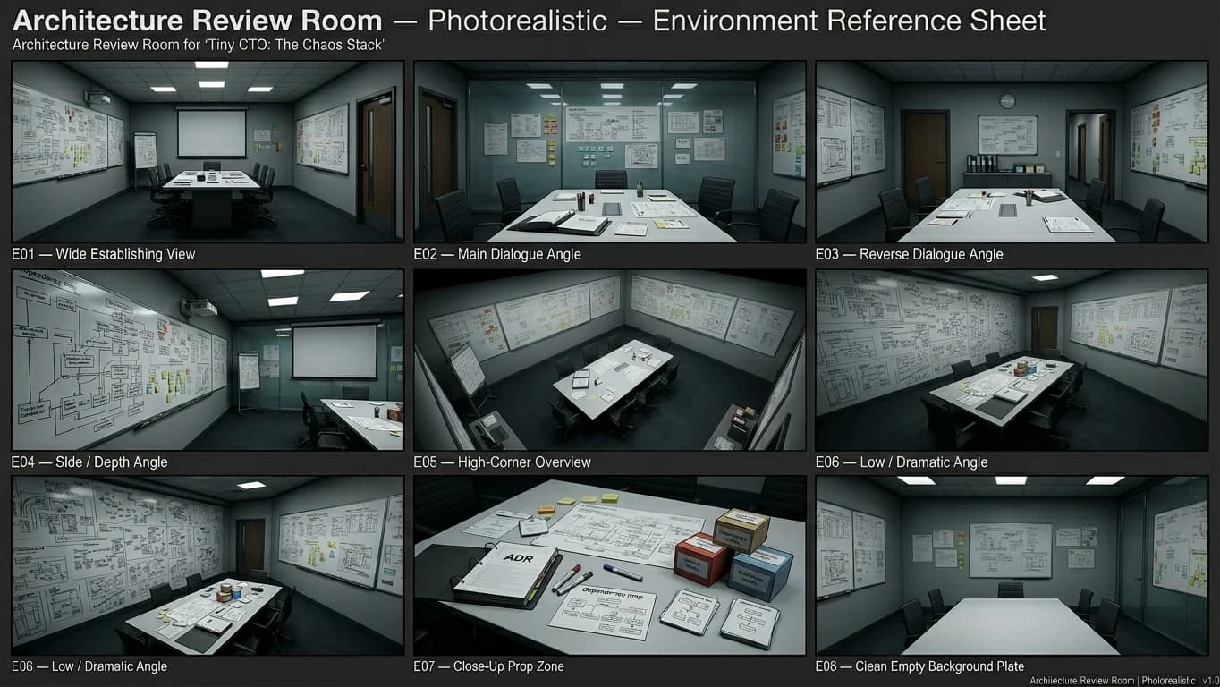 Architecture Review Room in 1960s Retro-Futuristic Tech Noir style.