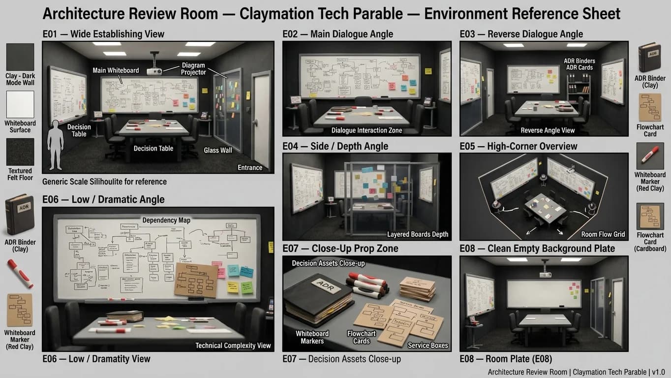 Architecture Review Room in Claymation Tech Parable style.
