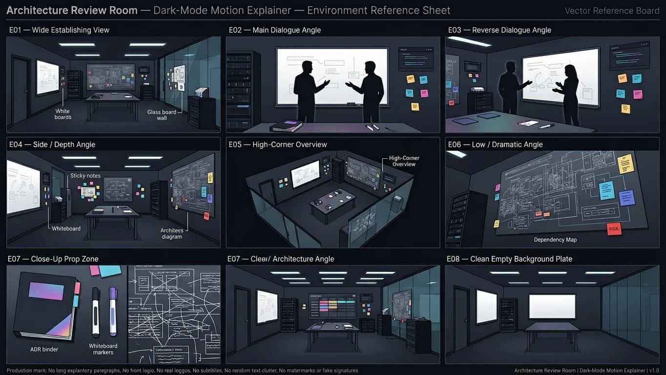 Architecture Review Room in Dark-Mode Motion Explainer style.