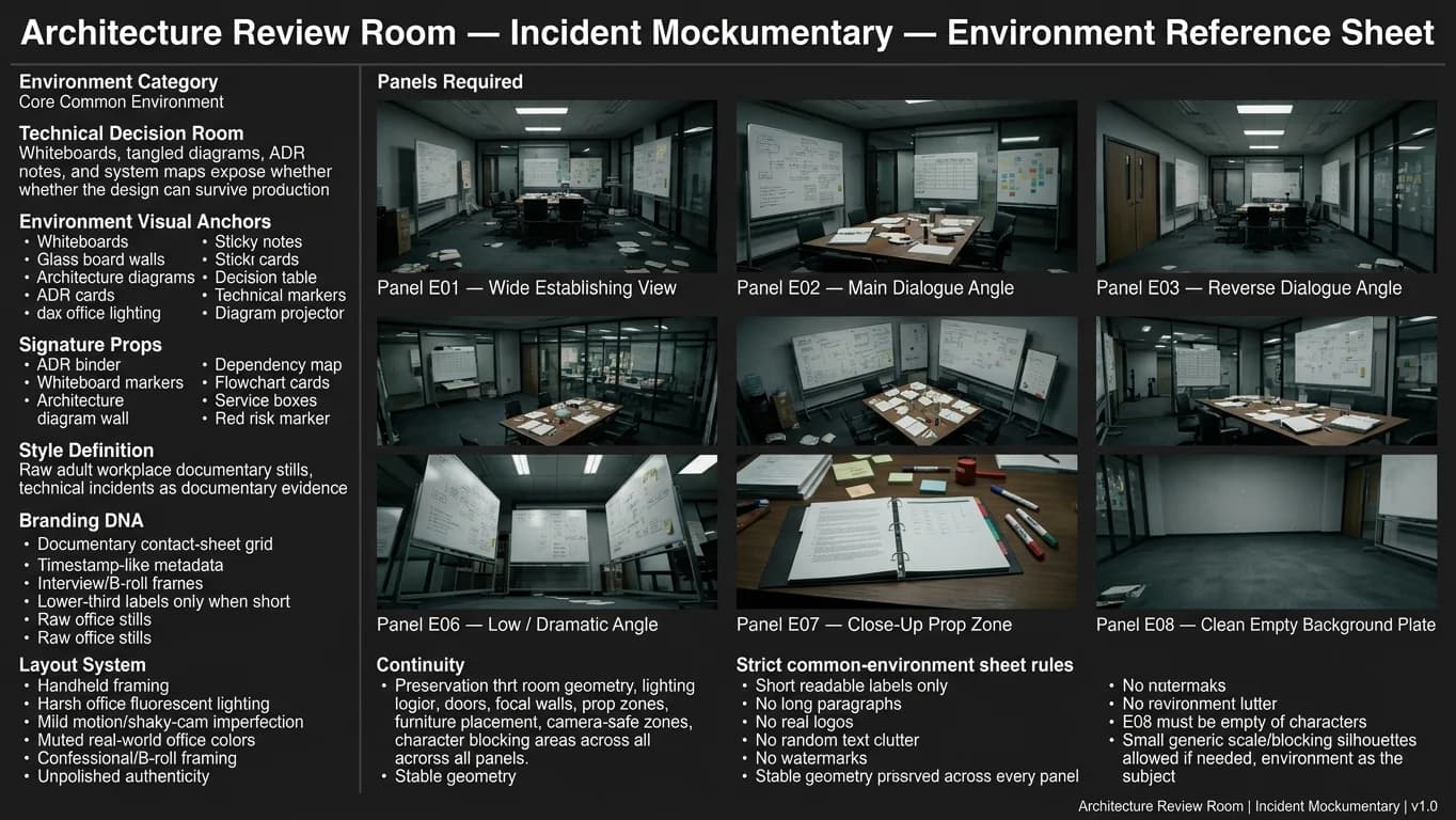 Architecture Review Room in Incident Mockumentary style.