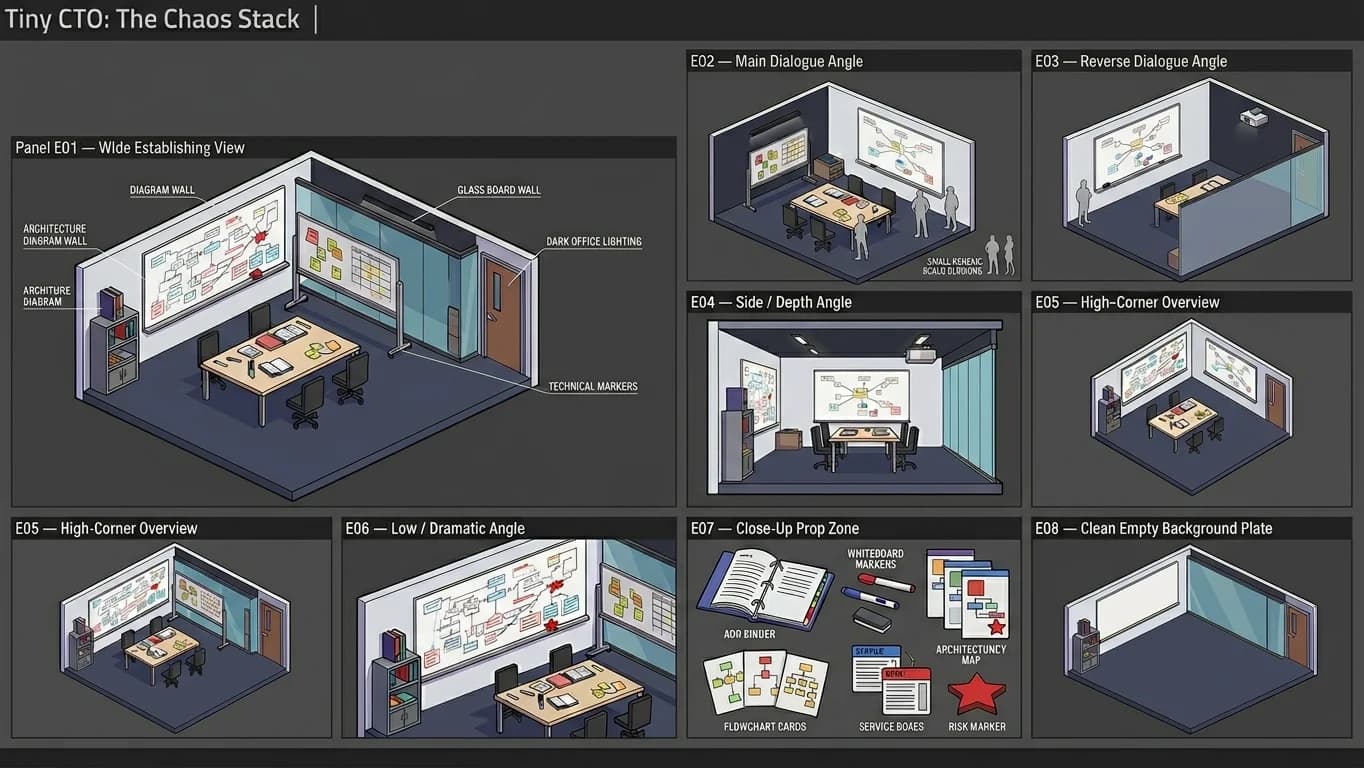 Architecture Review Room in Isometric Systems Diorama style.