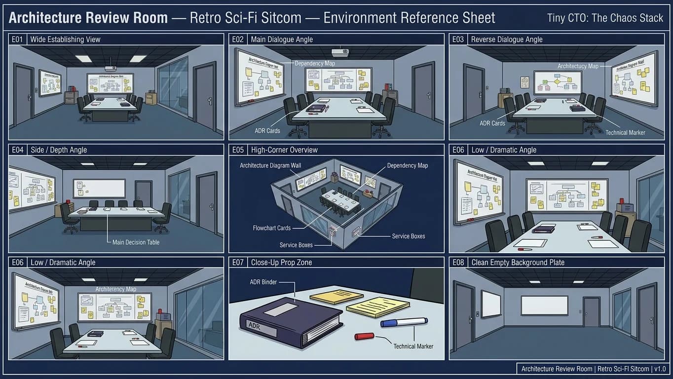Architecture Review Room in Retro Sci-Fi Sitcom style.