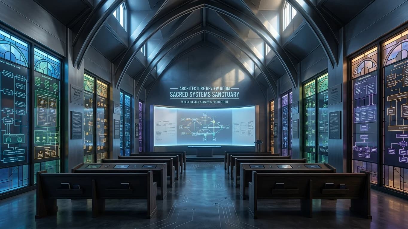 Architecture Review Room in Sacred Systems Sanctuary style.