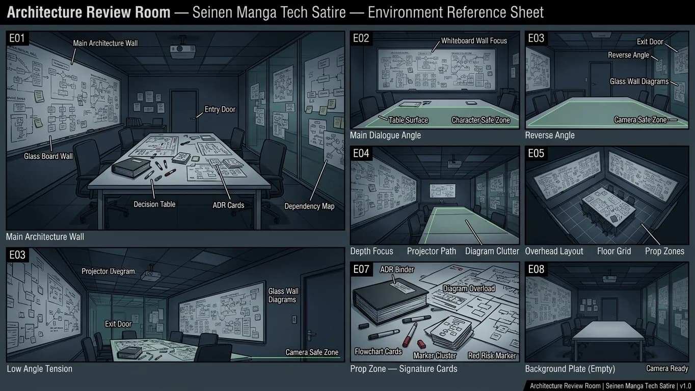 Architecture Review Room in Seinen Manga Tech Satire style.