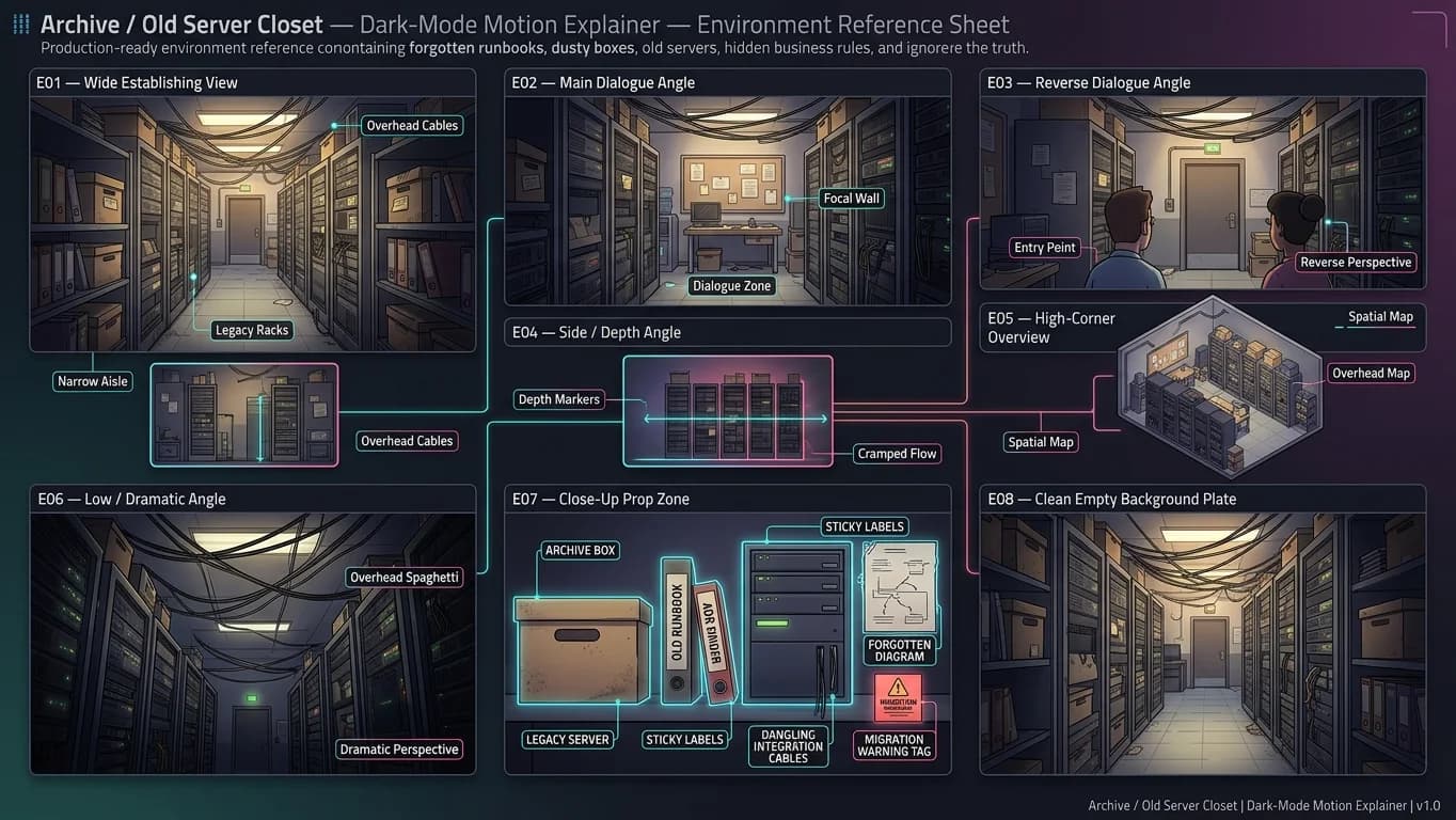 Archive and Old Server Closet in Dark-Mode Motion Explainer style.