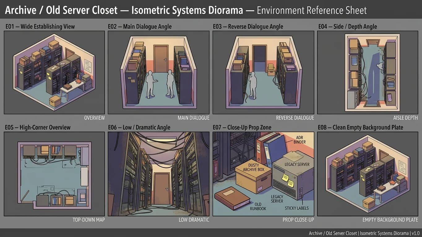 Archive and Old Server Closet in Isometric Systems Diorama style.