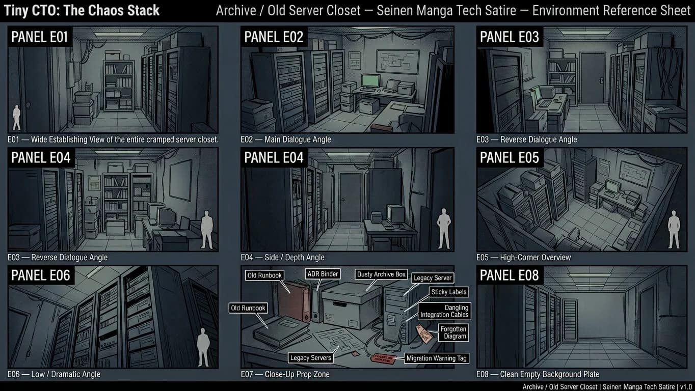 Archive and Old Server Closet in Seinen Manga Tech Satire style.
