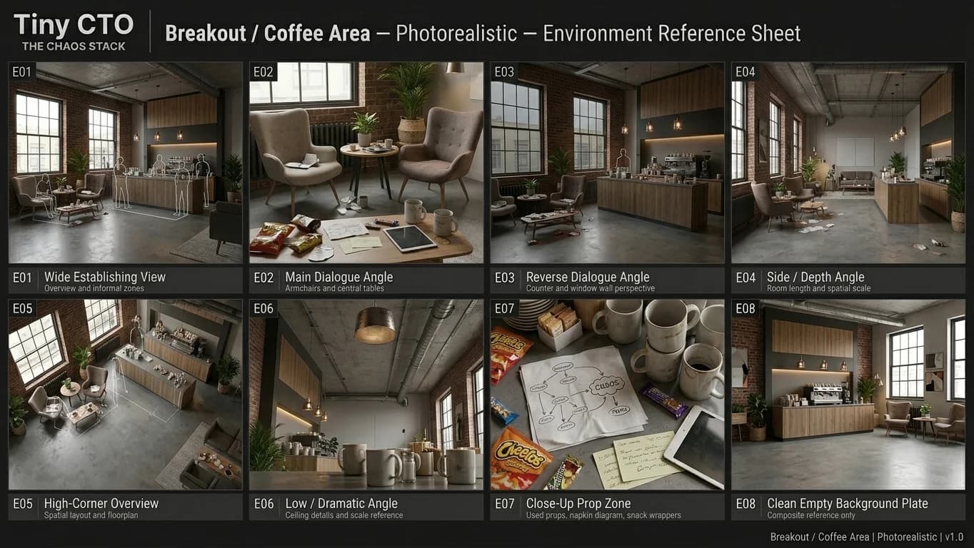 Breakout and Coffee Area in 1960s Retro-Futuristic Tech Noir style.