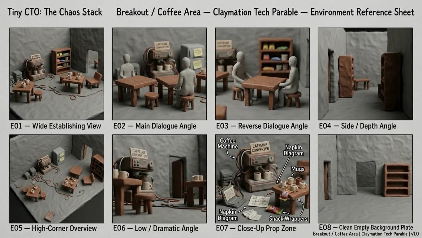 Breakout and Coffee Area in Claymation Tech Parable style.