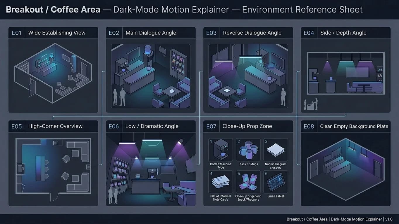 Breakout and Coffee Area in Dark-Mode Motion Explainer style.