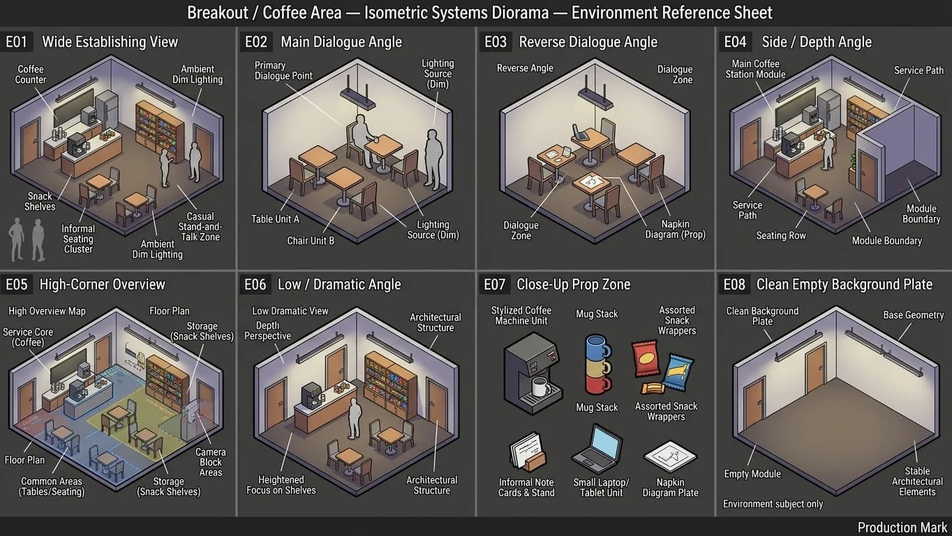 Breakout and Coffee Area in Isometric Systems Diorama style.