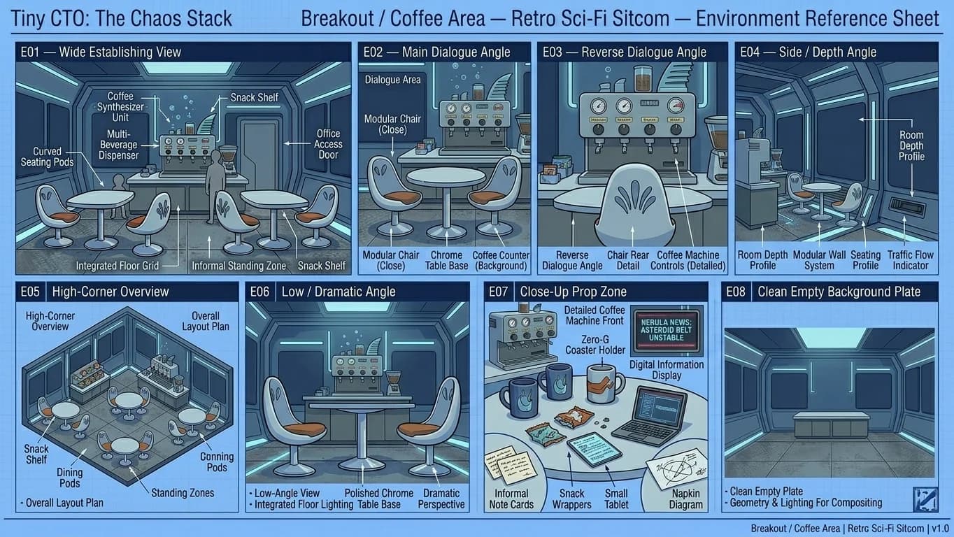 Breakout and Coffee Area in Retro Sci-Fi Sitcom style.