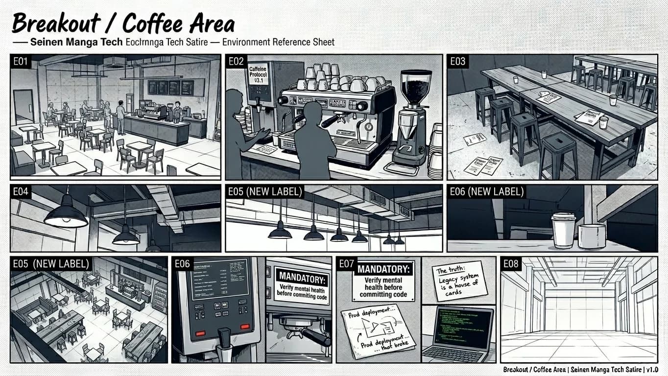 Breakout and Coffee Area in Seinen Manga Tech Satire style.