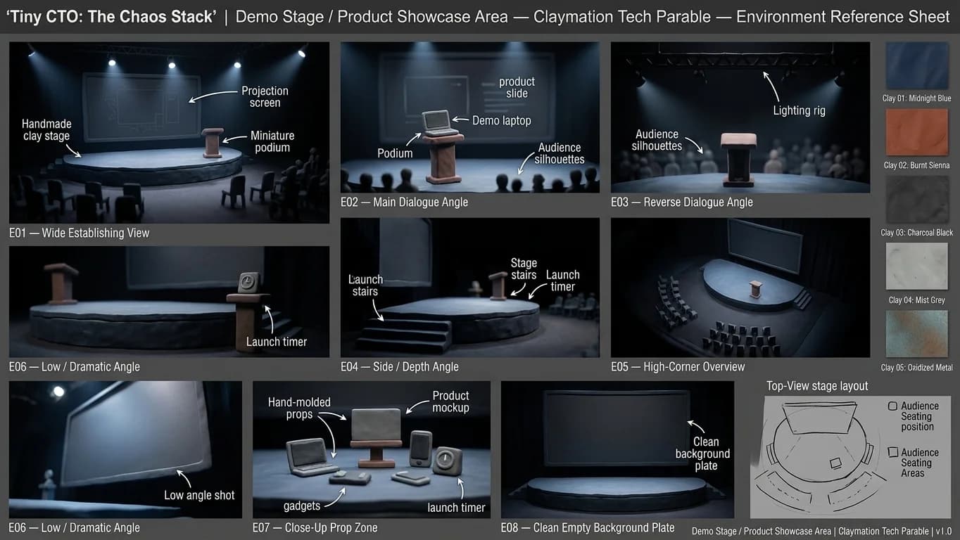 Demo Stage and Product Showcase Area — Tiny CTO: The Chaos Stack environment in Claymation style.