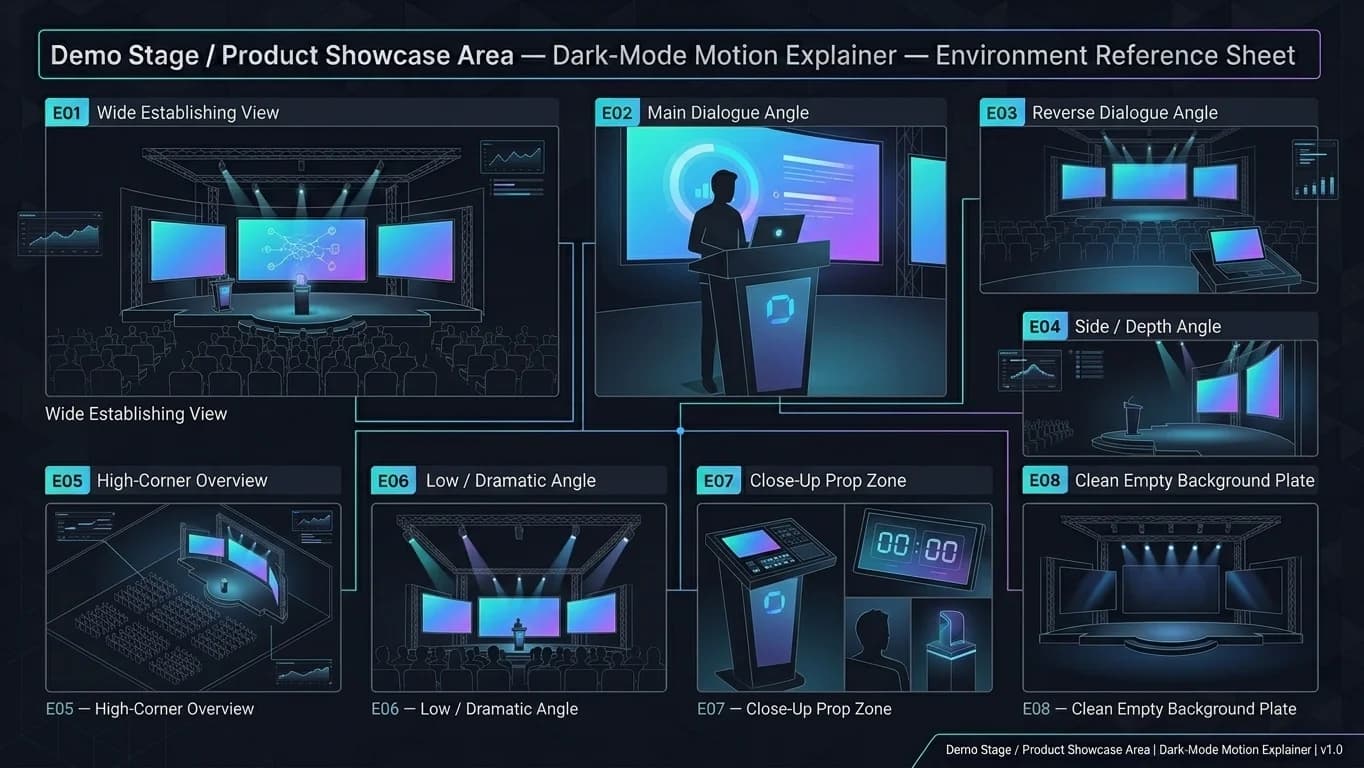 Demo Stage and Product Showcase Area — Tiny CTO: The Chaos Stack environment in Motion Explainer style.